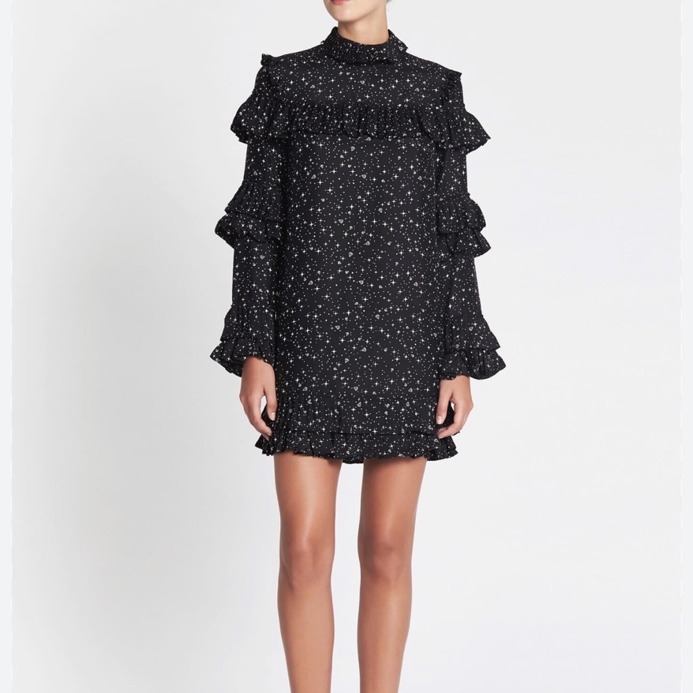 $624 New Frame Diamond Ruffle stars silk black white Shift dress women's M - Picture 2 of 9